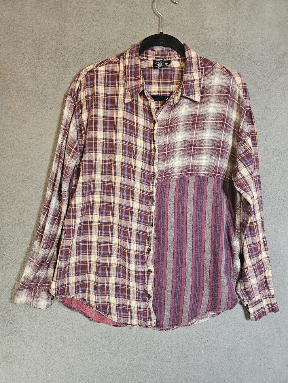 Vintage Y2K Angie Womens Small Plaid Patchwork Tunic Shirt Button Maroon Grunge